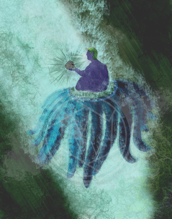 A purple skinned mermaid with starfish tentacles in shades from green to blue, holding up a skull. Their breasts are bare, and heavy, above their belly rolls. They have short, pointy green hair, black eyes with white irises, and lavender stretch marks. The